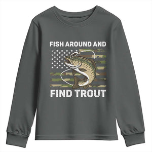 Fish Around and Find Trout Youth Sweatshirt Camo Bass Fishing Meme US Flag Punny Pun Dad TS10 Dark Heather Print Your Wear