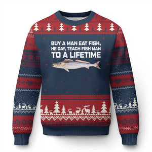 Funny Fishing Meme Ugly Christmas Sweater Buy A Man Eat Fish Inappropriate TS10 Navy Red Print Your Wear