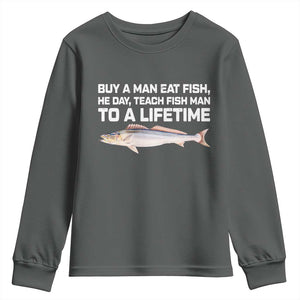 Funny Fishing Meme Youth Sweatshirt Buy A Man Eat Fish Inappropriate TS10 Dark Heather Print Your Wear