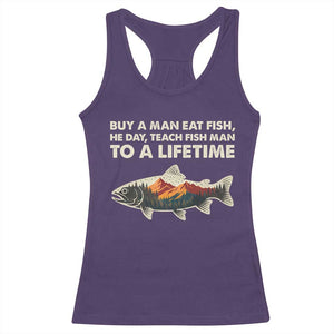 Funny Fishing Meme Racerback Tank Top Vintage Buy A Man Eat Fish Inappropriate TS10 Purple Print Your Wear