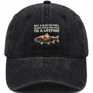 Funny Fishing Meme Washed Cotton Baseball Cap Vintage Buy A Man Eat Fish Inappropriate