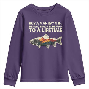 Funny Fishing Meme Youth Sweatshirt Vintage Buy A Man Eat Fish Inappropriate TS10 Purple Print Your Wear