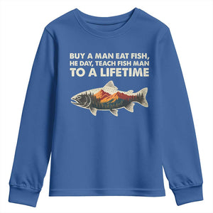 Funny Fishing Meme Youth Sweatshirt Vintage Buy A Man Eat Fish Inappropriate TS10 Royal Blue Print Your Wear