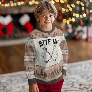 Cool Catchy Angler Ugly Christmas Sweater Retro Bite Me Bass Fishing Fishermen TS10 Mocha Mousse Print Your Wear