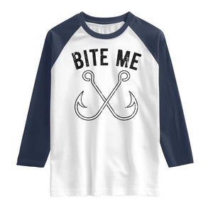 Cool Catchy Angler Raglan Shirt Retro Bite Me Bass Fishing Fishermen TS10 White Navy Print Your Wear