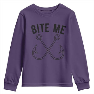 Cool Catchy Angler Youth Sweatshirt Retro Bite Me Bass Fishing Fishermen TS10 Purple Print Your Wear
