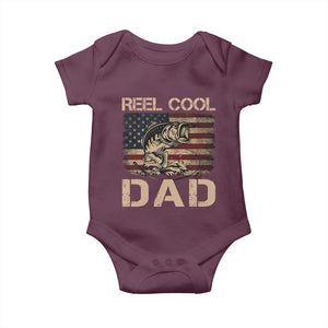 Reel Cool Dad Baby Onesie Funny Fishing USA Flag Patriotic Fisherman Fathers Day TS10 Maroon Print Your Wear