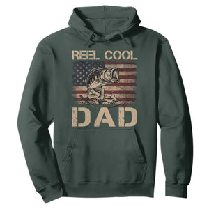 Reel Cool Dad Hoodie Funny Fishing USA Flag Patriotic Fisherman Fathers Day TS10 Dark Forest Green Print Your Wear