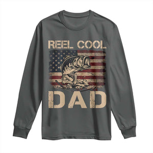 Reel Cool Dad Long Sleeve Shirt Funny Fishing USA Flag Patriotic Fisherman Fathers Day TS10 Dark Heather Print Your Wear