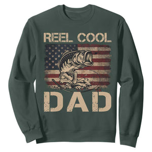 Reel Cool Dad Sweatshirt Funny Fishing USA Flag Patriotic Fisherman Fathers Day TS10 Dark Forest Green Print Your Wear