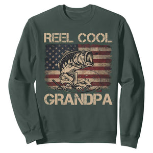 Reel Cool Grandpa Sweatshirt Funny Fishing USA Flag Patriotic Fisherman Fathers Day TS10 Dark Forest Green Print Your Wear