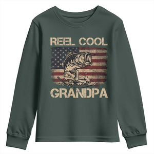Reel Cool Grandpa Youth Sweatshirt Funny Fishing USA Flag Patriotic Fisherman Fathers Day TS10 Dark Forest Green Print Your Wear