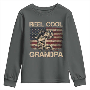 Reel Cool Grandpa Youth Sweatshirt Funny Fishing USA Flag Patriotic Fisherman Fathers Day TS10 Dark Heather Print Your Wear
