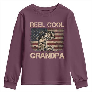 Reel Cool Grandpa Youth Sweatshirt Funny Fishing USA Flag Patriotic Fisherman Fathers Day TS10 Maroon Print Your Wear
