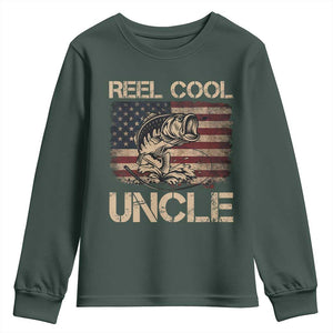Reel Cool Uncle Youth Sweatshirt Funny Fishing USA Flag Patriotic Fisherman Fathers Day TS10 Dark Forest Green Print Your Wear
