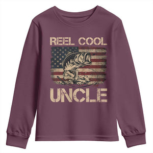 Reel Cool Uncle Youth Sweatshirt Funny Fishing USA Flag Patriotic Fisherman Fathers Day TS10 Maroon Print Your Wear