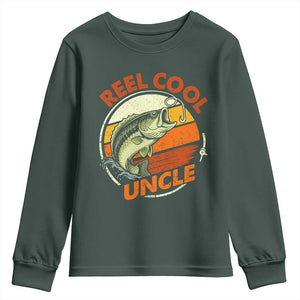 Uncle Fishing Youth Sweatshirt Reel Cool Uncle Funny Fathers Day Fisherman TS10 Dark Forest Green Print Your Wear