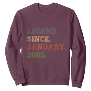 21st Birthday Gifts Sweatshirt Retro 21 Years Old Legend Since January 2005 TS10 Maroon Print Your Wear