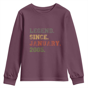 21st Birthday Gifts Youth Sweatshirt Retro 21 Years Old Legend Since January 2005 TS10 Maroon Print Your Wear