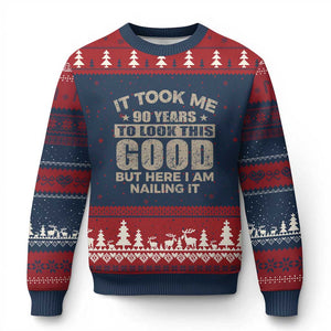 Funny 90th Birthday Ugly Christmas Sweater Retro Grandpa Grandma Bday Gift TS10 Navy Red Print Your Wear