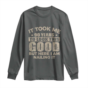Funny 90th Birthday Long Sleeve Shirt Retro Grandpa Grandma Bday Gift TS10 Dark Heather Print Your Wear