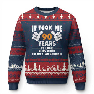 Funny 90th Birthday Ugly Christmas Sweater It Took Me 90 Years To Look This Good TS10 Navy Red Print Your Wear