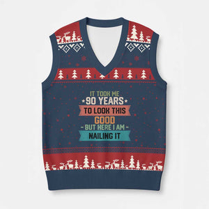 Funny 90th Birthday V-Neck Knit Sweater Vest Vintage It Took Me 90 Years To Look This Good Bday Gift TS10 Navy Red Print Your Wear