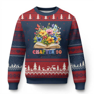 Personalized 90th Birthday Gift For Women Ugly Christmas Sweater Custom Name Chapter 90 Flowers Book TS10 Navy Red Print Your Wear
