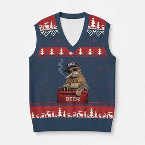 Funny Smoking Cat Meme V-Neck Knit Sweater Vest Vintage Graphic Cigarette Kitty Beer Cat Lover TS10 Navy Red Print Your Wear