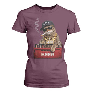 Funny Smoking Cat Meme T Shirt For Women Vintage Graphic Cigarette Kitty Beer Cat Lover TS10 Maroon Print Your Wear