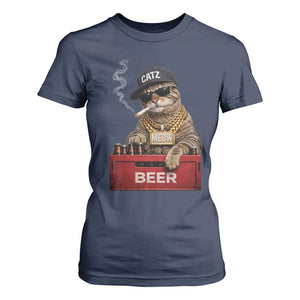 Funny Smoking Cat Meme T Shirt For Women Vintage Graphic Cigarette Kitty Beer Cat Lover TS10 Navy Print Your Wear