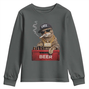 Funny Smoking Cat Meme Youth Sweatshirt Vintage Graphic Cigarette Kitty Beer Cat Lover TS10 Dark Heather Print Your Wear