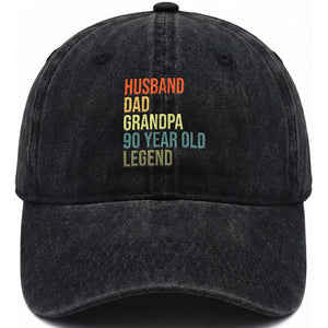 90th Birthday Washed Cotton Baseball Cap Husband Dad Grandpa 90 Year Old Legend