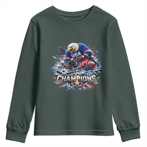 USA Ice Hockey Youth Sweatshirt Eagle Dominates Canada 2026 Hockey Champions Graphic TS10 Dark Forest Green Print Your Wear