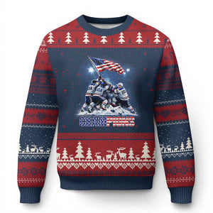 USA Ice Hockey Ugly Christmas Sweater Hockey Champions 2026 USA Players Raising Flag On Ice TS10 Navy Red Print Your Wear