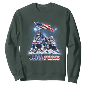 USA Ice Hockey Sweatshirt Hockey Champions 2026 USA Players Raising Flag On Ice TS10 Dark Forest Green Print Your Wear