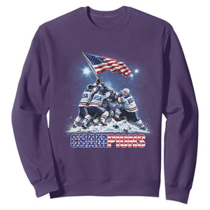 USA Ice Hockey Sweatshirt Hockey Champions 2026 USA Players Raising Flag On Ice TS10 Purple Print Your Wear