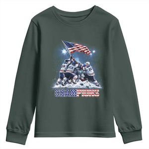 USA Ice Hockey Youth Sweatshirt Hockey Champions 2026 USA Players Raising Flag On Ice TS10 Dark Forest Green Print Your Wear