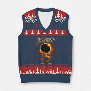 Solar Eclipse 2026 V-Neck Knit Sweater Vest Hello Darkness 12 August 2026 Totality Gift TS10 Navy Red Print Your Wear