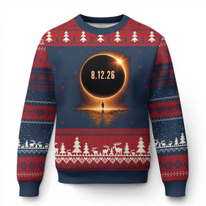 Total Solar Eclipse 2026 Ugly Christmas Sweater August 12th Totality Gift TS10 Navy Red Print Your Wear