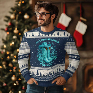 Give Ovarian Cancer The Boot Ugly Christmas Sweater Cowgirl Cancer Awareness Teal Ribbon TS10 Navy Beige Print Your Wear