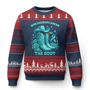 Give Ovarian Cancer The Boot Ugly Christmas Sweater Cowgirl Cancer Awareness Teal Ribbon TS10 Navy Red Print Your Wear