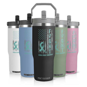 Sexual Assault Awareness Flip Straw Tumbler Fight Cancer American Flag Teal Ribbon TS10 Print Your Wear
