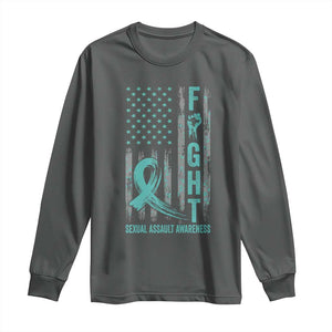 Sexual Assault Awareness Long Sleeve Shirt Fight Cancer American Flag Teal Ribbon TS10 Dark Heather Print Your Wear