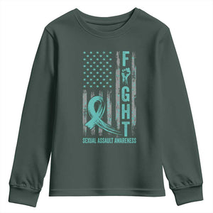 Sexual Assault Awareness Youth Sweatshirt Fight Cancer American Flag Teal Ribbon TS10 Dark Forest Green Print Your Wear