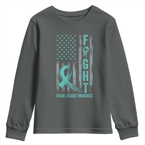 Sexual Assault Awareness Youth Sweatshirt Fight Cancer American Flag Teal Ribbon TS10 Dark Heather Print Your Wear