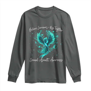Sexual Assault Awareness Long Sleeve Shirt Phoenix Bird Reborn Rising Born Again Firebird Teal Ribbon TS10 Dark Heather Print Your Wear