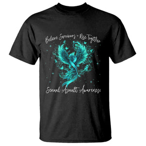 Sexual Assault Awareness T Shirt - Phoenix Bird Reborn Rising Firebird Teal Ribbon Awareness Tee TS10 Black Print Your Wear