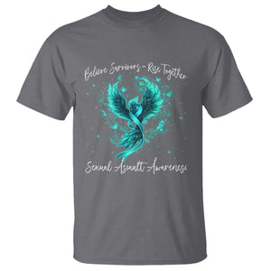 Sexual Assault Awareness T Shirt - Phoenix Bird Reborn Rising Firebird Teal Ribbon Awareness Tee TS10 Charcoal Print Your Wear