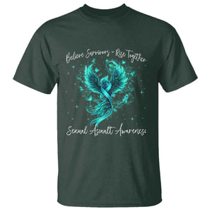 Sexual Assault Awareness T Shirt - Phoenix Bird Reborn Rising Firebird Teal Ribbon Awareness Tee TS10 Dark Forest Green Print Your Wear